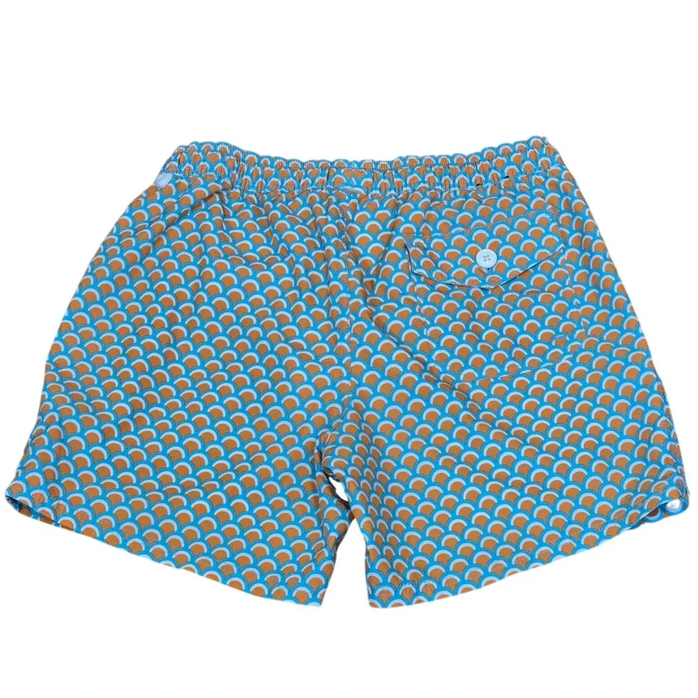 J Crew Flex Swim Trunks Men's M Blue Orange Geometric Print Mesh Lined Shorts